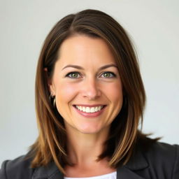 A portrait of a 32-year-old woman with shoulder-length brown hair