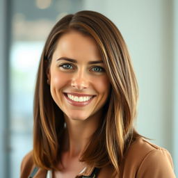 A portrait of a 32-year-old woman with shoulder-length brown hair