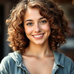 A portrait of a 30-year-old woman with curly brown hair cascading around her shoulders