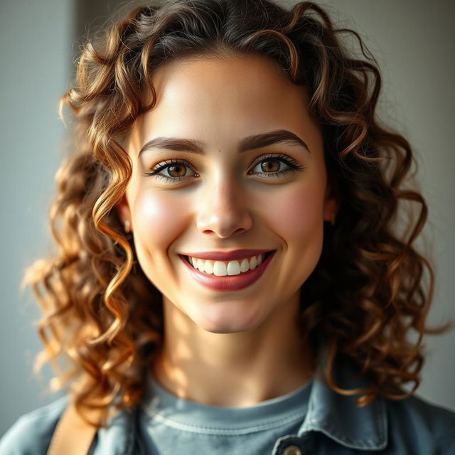 A portrait of a 30-year-old woman with curly brown hair cascading around her shoulders