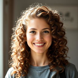 A portrait of a 30-year-old woman with curly brown hair cascading around her shoulders