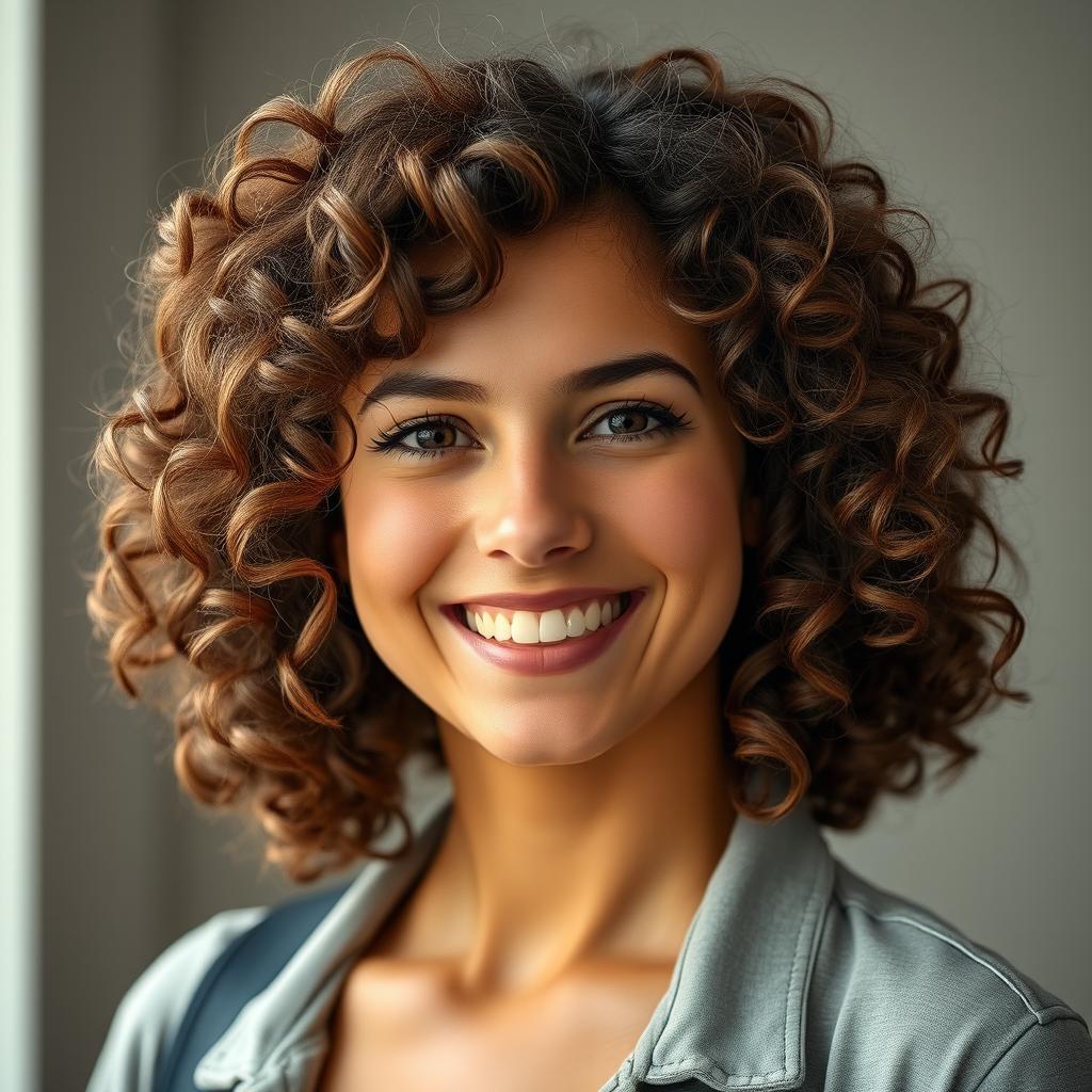 A portrait of a 30-year-old woman with curly brown hair cascading around her shoulders