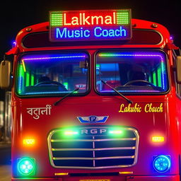 A vibrant red bus styled like a Sri Lankan Leyland coach, adorned with colorful lights around the windows