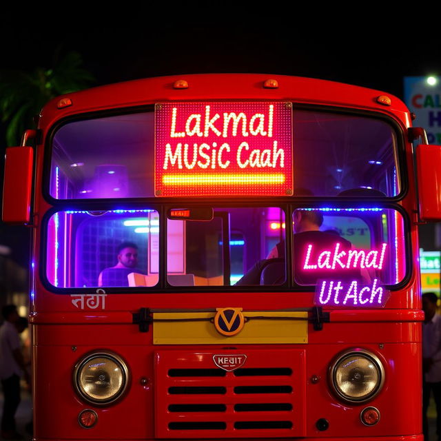 A vibrant red bus styled like a Sri Lankan Leyland coach, adorned with colorful lights around the windows