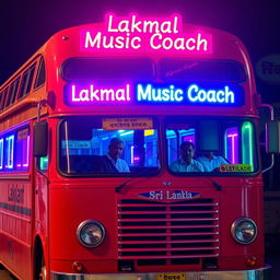 A vibrant red bus styled like a Sri Lankan Leyland coach, adorned with colorful lights around the windows