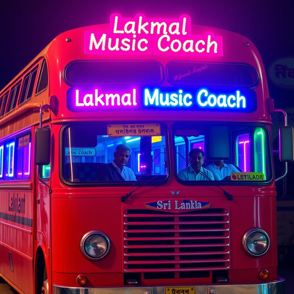 A vibrant red bus styled like a Sri Lankan Leyland coach, adorned with colorful lights around the windows