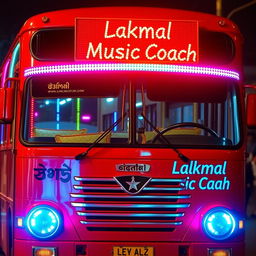 A vibrant red bus styled like a Sri Lankan Leyland coach, adorned with colorful lights around the windows