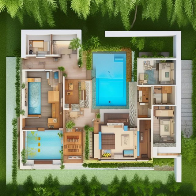 A 50'×65', 3BHK house floor plan, featuring a swimming pool within the main bathroom, an internal courtyard, a garden, a dedicated room for servitude, and a spiritual sanctuary (mandir).