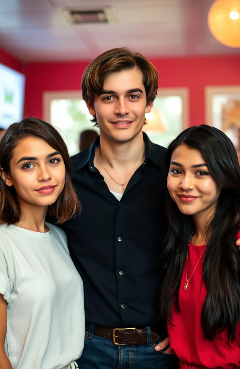 A 20-year-old man with slightly long, center-parted hair and bright brown eyes, standing confidently in the middle of three women