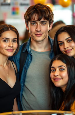 A 20-year-old man with slightly long, center-parted hair and bright brown eyes, standing confidently in the middle of three women