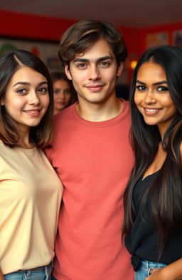 A 20-year-old man with slightly long, center-parted hair and bright brown eyes, standing confidently in the middle of three women