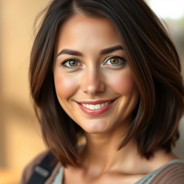 A portrait of a 34-year-old woman with brunette hair and captivating hazel eyes