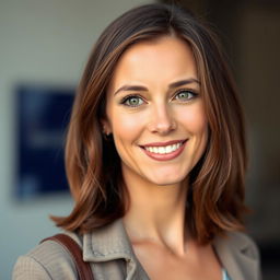 A portrait of a 34-year-old woman with brunette hair and captivating hazel eyes