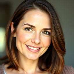 A portrait of a 34-year-old woman with brunette hair and captivating hazel eyes
