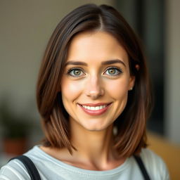 A portrait of a 34-year-old woman with brunette hair and captivating hazel eyes