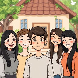A cartoon illustration of four people standing together
