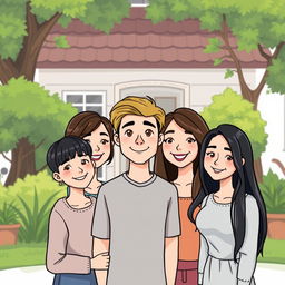 A cartoon illustration of four people standing together