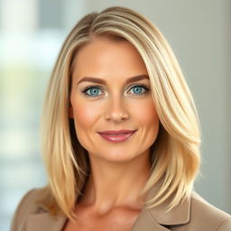 A portrait of a 37-year-old woman with shoulder-length blonde hair that shines with a healthy luster