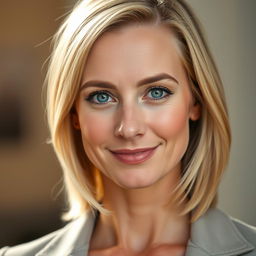 A portrait of a 37-year-old woman with shoulder-length blonde hair that shines with a healthy luster
