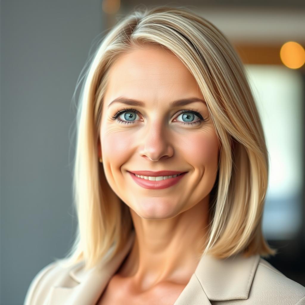 A portrait of a 37-year-old woman with shoulder-length blonde hair that shines with a healthy luster