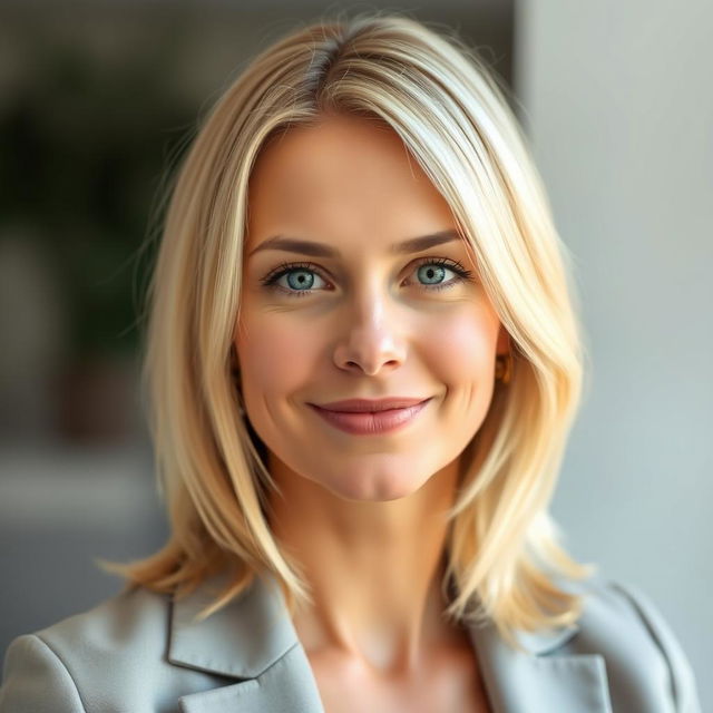 A portrait of a 37-year-old woman with shoulder-length blonde hair that shines with a healthy luster