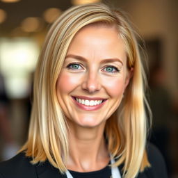 A portrait of a 34-year-old woman with shoulder-length blonde hair that shines with a radiant luster