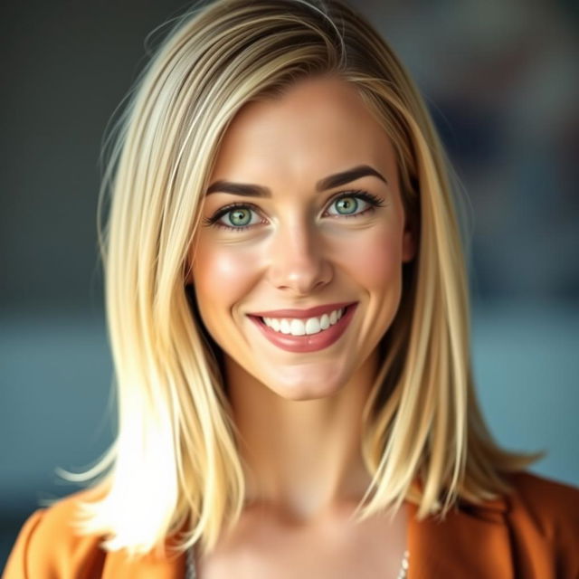 A portrait of a 34-year-old woman with shoulder-length blonde hair that shines with a radiant luster