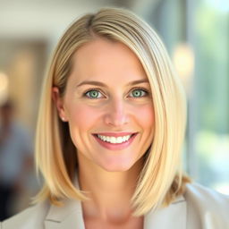 A portrait of a 34-year-old woman with shoulder-length blonde hair that shines with a radiant luster