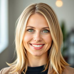 A portrait of a 34-year-old woman with shoulder-length blonde hair that shines with a radiant luster