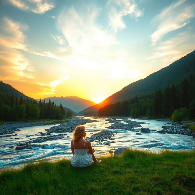 A beautiful, serene landscape featuring a flowing river surrounded by lush green forests and majestic mountains in the background, with a warm golden sunset casting a magical glow on the scenery