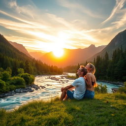 A beautiful, serene landscape featuring a flowing river surrounded by lush green forests and majestic mountains in the background, with a warm golden sunset casting a magical glow on the scenery