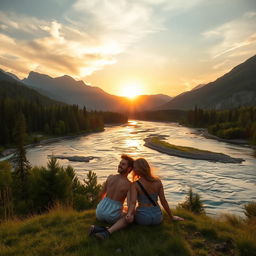 A beautiful, serene landscape featuring a flowing river surrounded by lush green forests and majestic mountains in the background, with a warm golden sunset casting a magical glow on the scenery