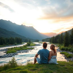 A beautiful, serene landscape featuring a flowing river surrounded by lush green forests and majestic mountains in the background, with a warm golden sunset casting a magical glow on the scenery