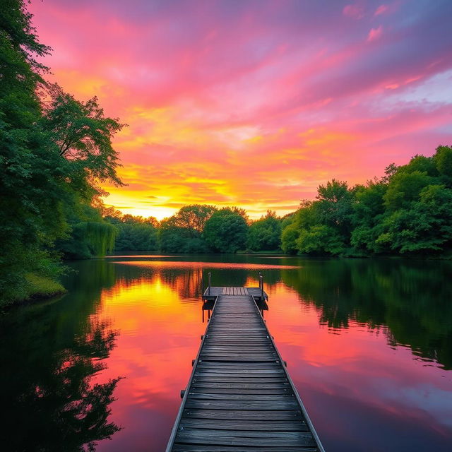 A pristine nature scene depicting a vibrant sunset over a serene lake, with lush green trees lining the banks