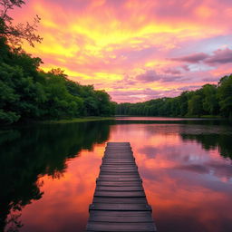 A pristine nature scene depicting a vibrant sunset over a serene lake, with lush green trees lining the banks