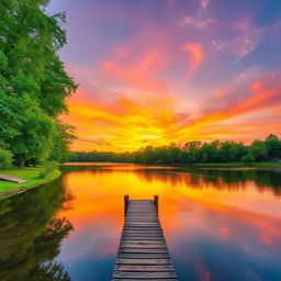 A pristine nature scene depicting a vibrant sunset over a serene lake, with lush green trees lining the banks