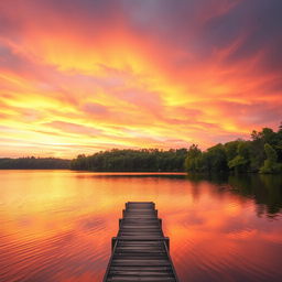 A pristine nature scene depicting a vibrant sunset over a serene lake, with lush green trees lining the banks