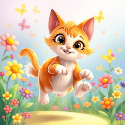 A cute animated cat with big eyes and a fluffy tail, playfully jumping in a colorful cartoonish environment full of whimsical flowers and butterflies