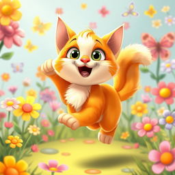 A cute animated cat with big eyes and a fluffy tail, playfully jumping in a colorful cartoonish environment full of whimsical flowers and butterflies