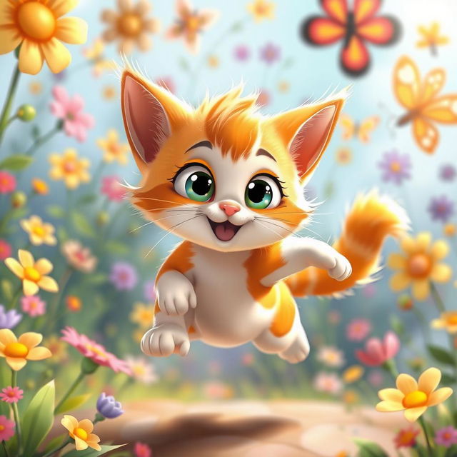 A cute animated cat with big eyes and a fluffy tail, playfully jumping in a colorful cartoonish environment full of whimsical flowers and butterflies