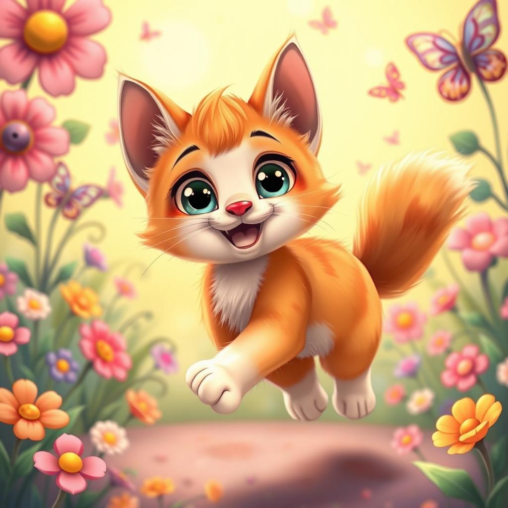 A cute animated cat with big eyes and a fluffy tail, playfully jumping in a colorful cartoonish environment full of whimsical flowers and butterflies