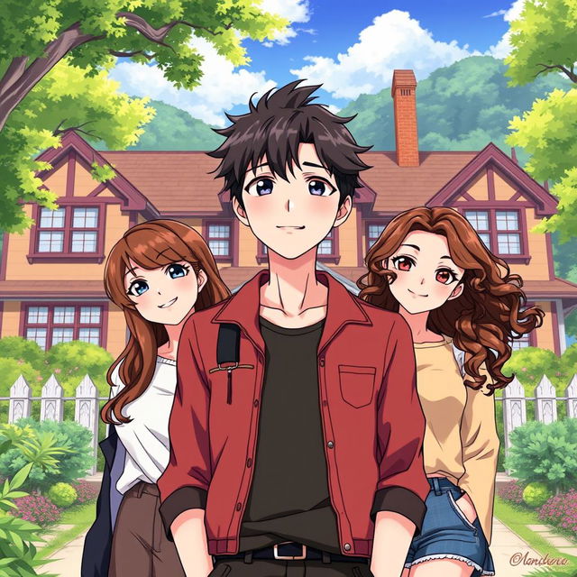 An anime-style illustration featuring one young man standing in front of three young women, set against a picturesque boarding house background that is lush and inviting