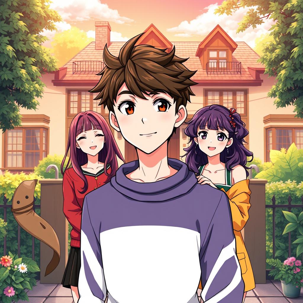 An anime-style illustration featuring one young man standing in front of three young women, set against a picturesque boarding house background that is lush and inviting