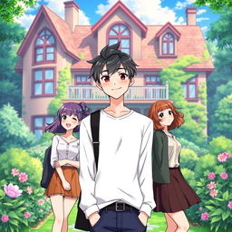 An anime-style illustration featuring one young man standing in front of three young women, set against a picturesque boarding house background that is lush and inviting