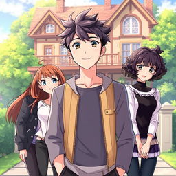 An anime-style illustration featuring one young man standing in front of three young women, set against a picturesque boarding house background that is lush and inviting