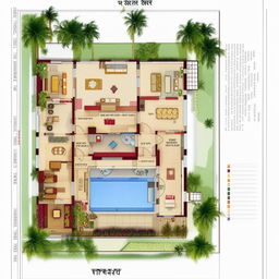 A 50'×65', 3BHK house floor plan, featuring a swimming pool within the main bathroom, an internal courtyard, a garden, a dedicated room for servitude, and a spiritual sanctuary (mandir).