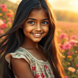 A beautiful young girl with olive skin, radiating warmth and charm