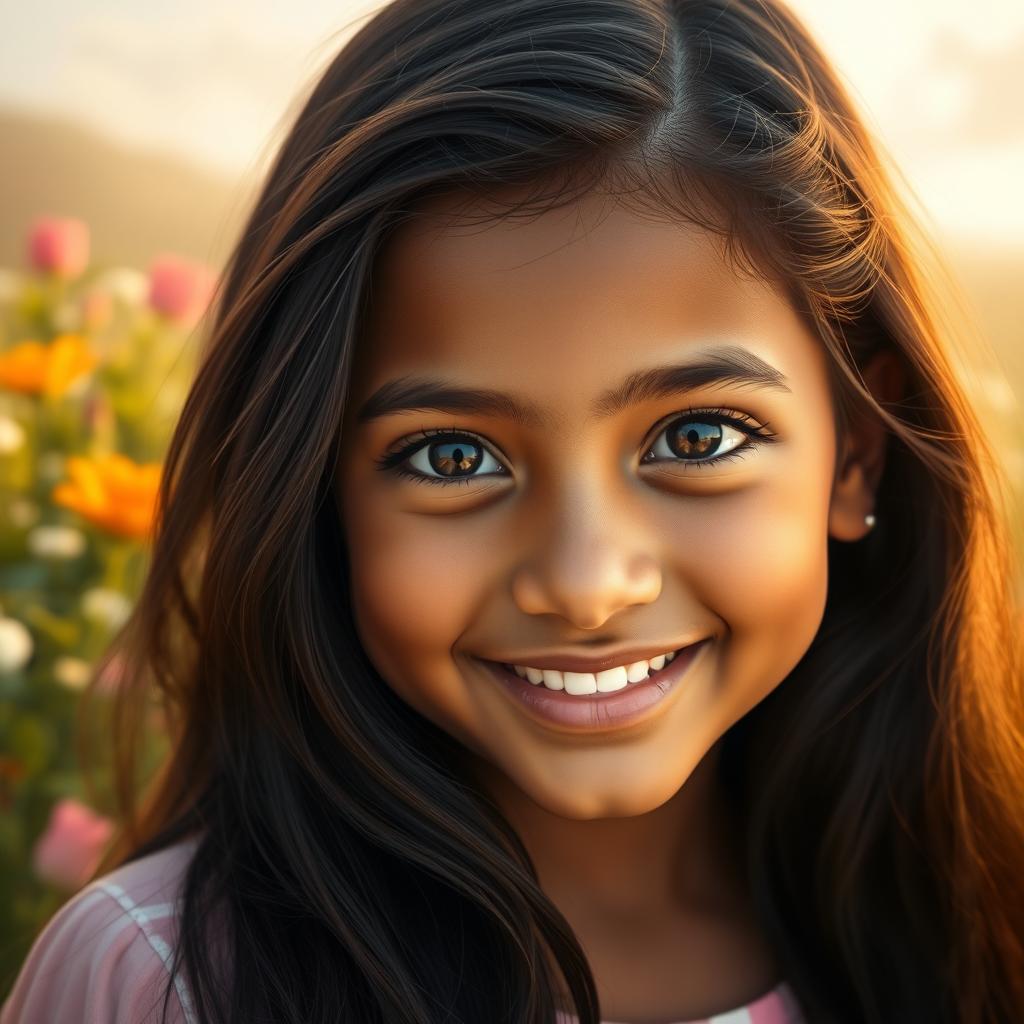 A beautiful young girl with olive skin, radiating warmth and charm