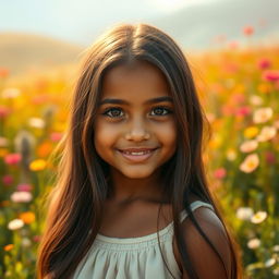 A beautiful young girl with olive skin, radiating warmth and charm