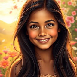 A beautiful young girl with olive skin, radiating warmth and charm